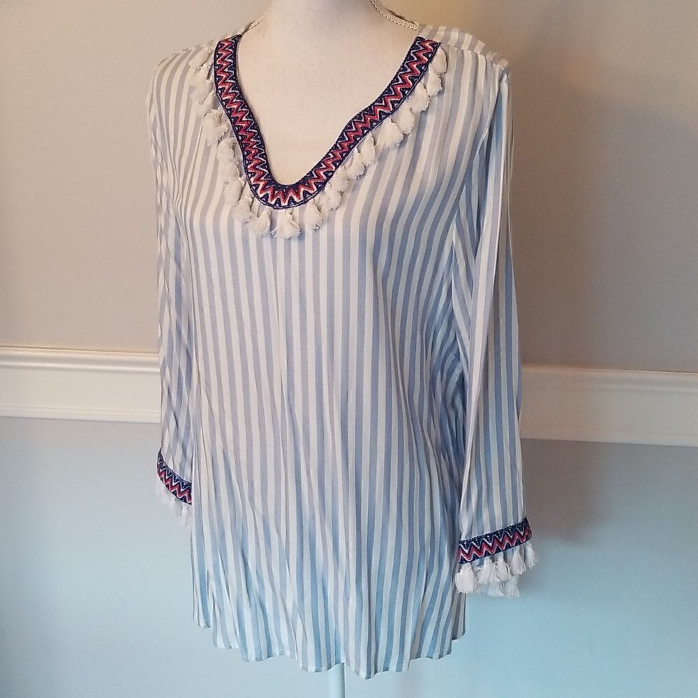Ruby Rd. Blue and White Striped Blouse with Trim